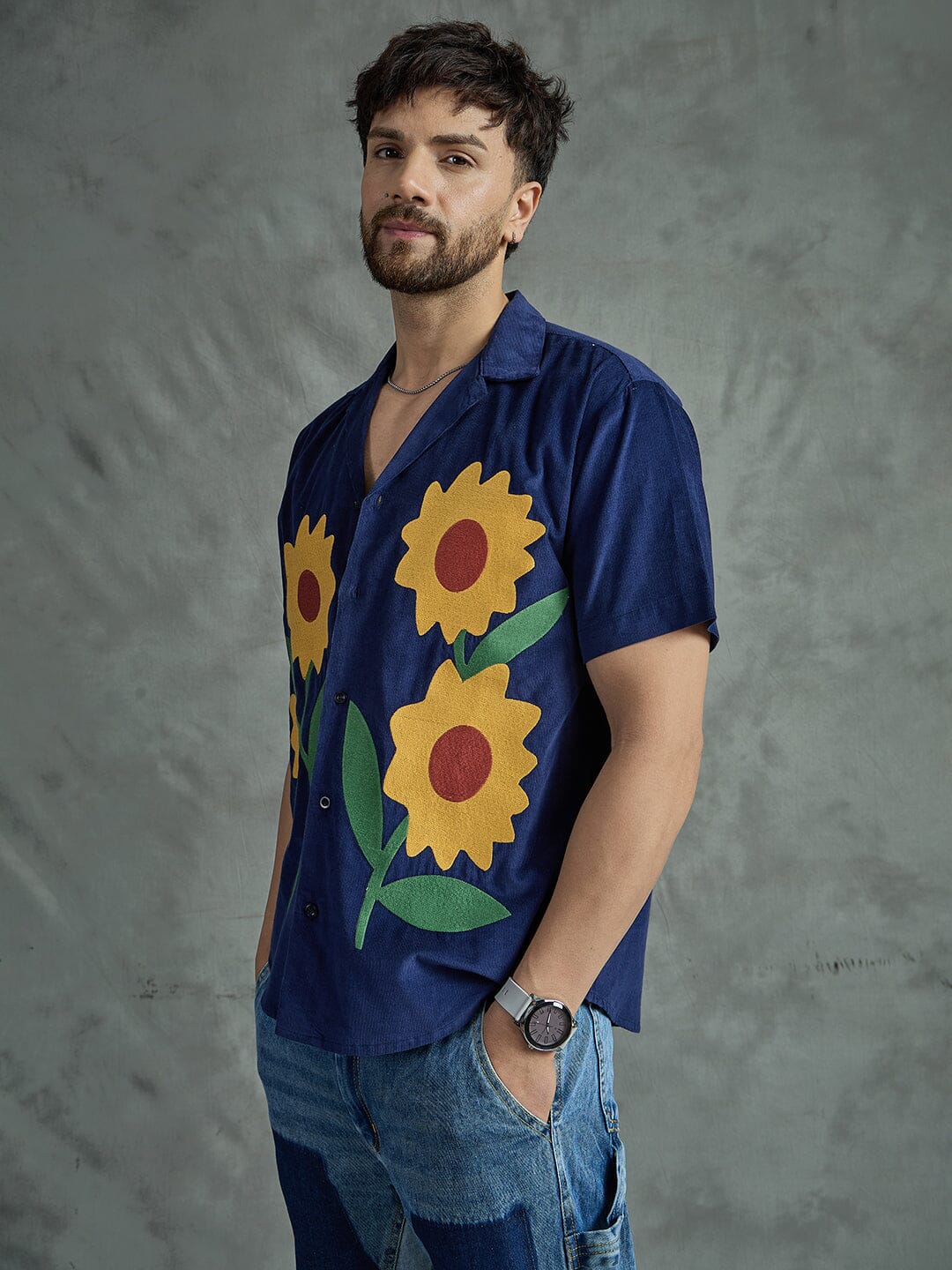 Navy Corduroy Sunflower Cuban Shirt