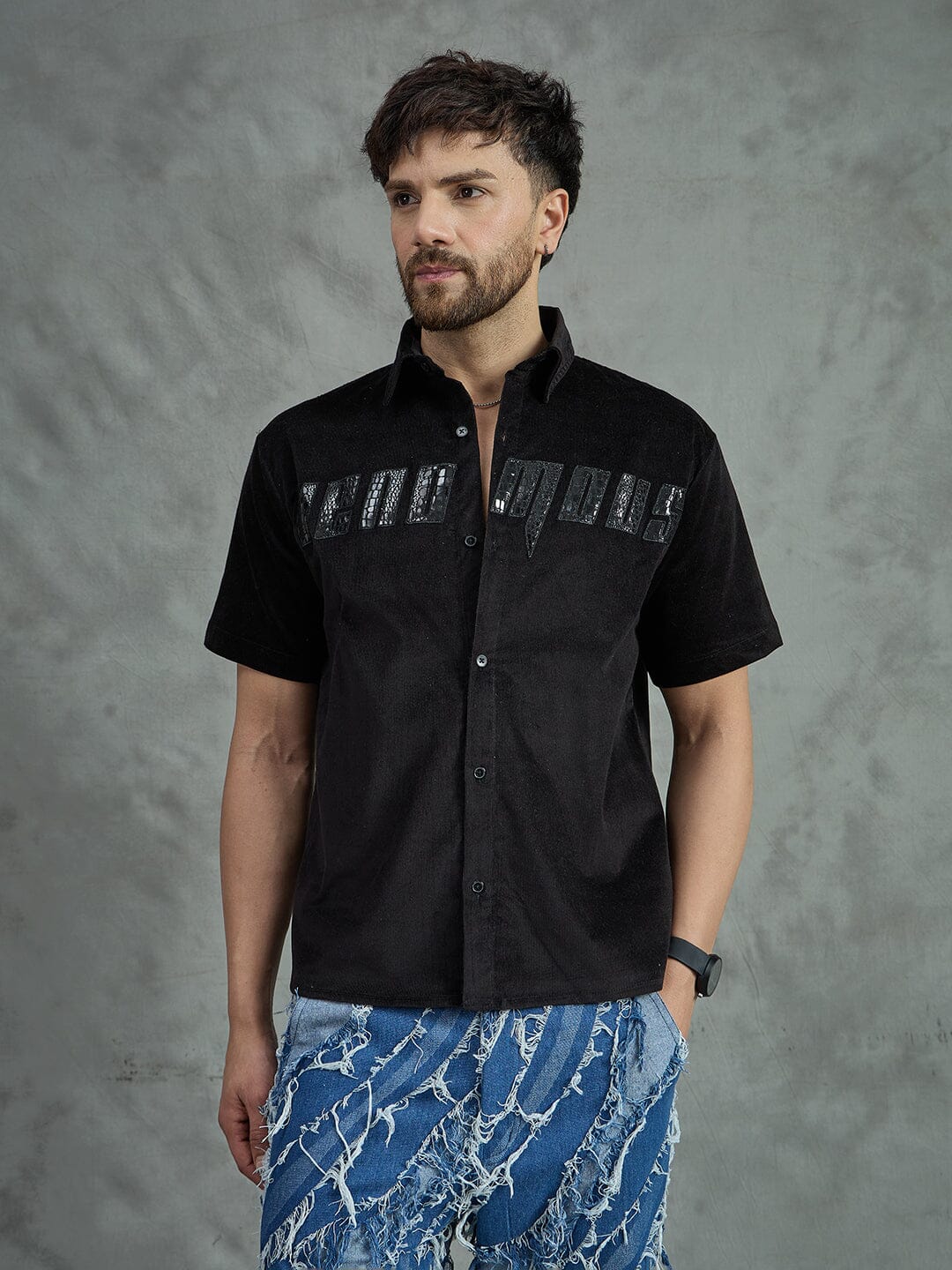 Black Corduroy Pu Applique Short Sleeves Shirt