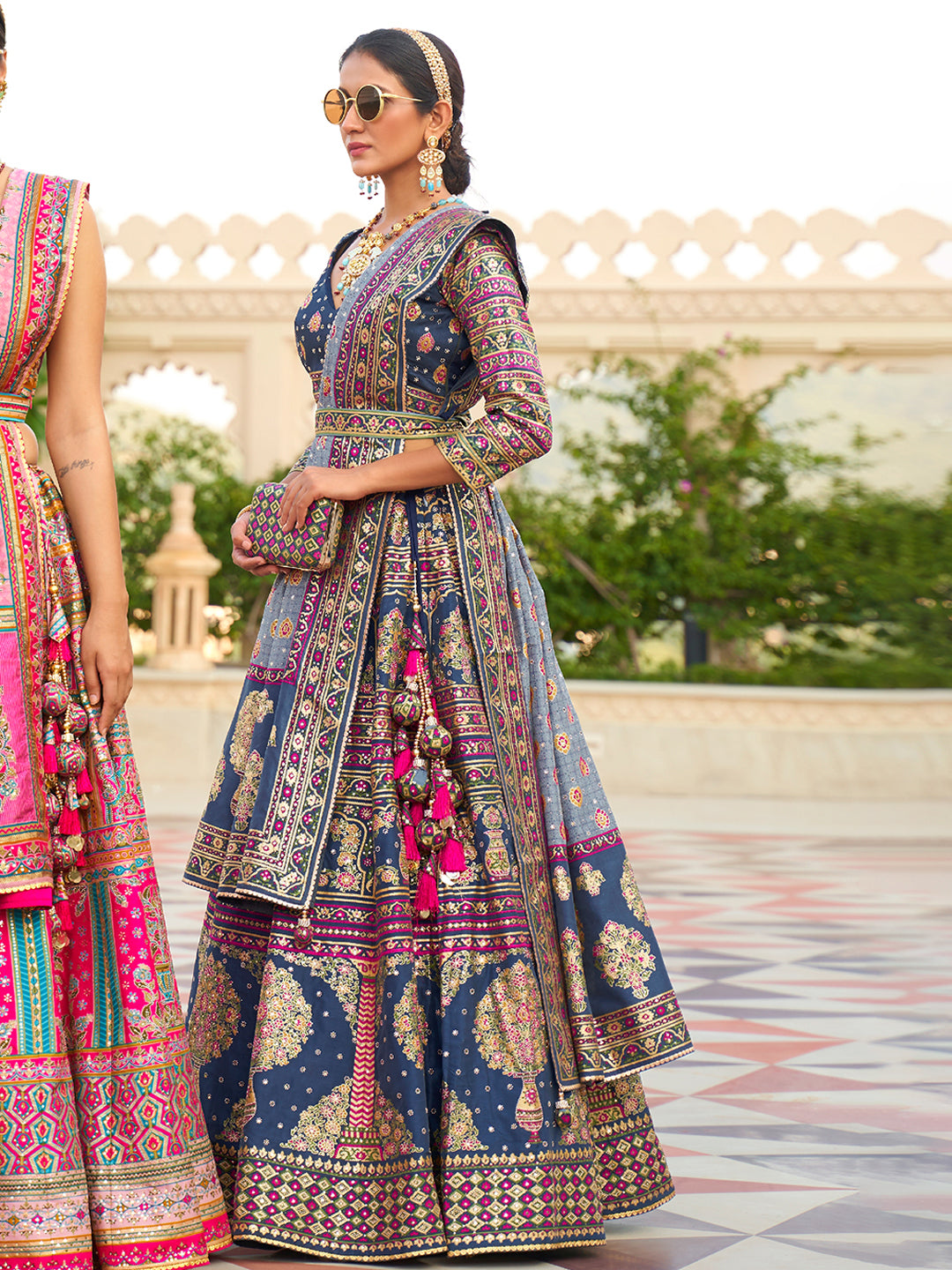 Blue-Pink Designer Silk Ready to Wear Lehenga Choli With Sparkle & Mirror Work