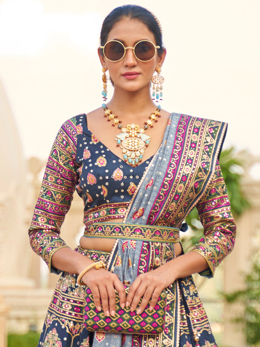 Blue-Pink Designer Silk Ready to Wear Lehenga Choli With Sparkle & Mirror Work