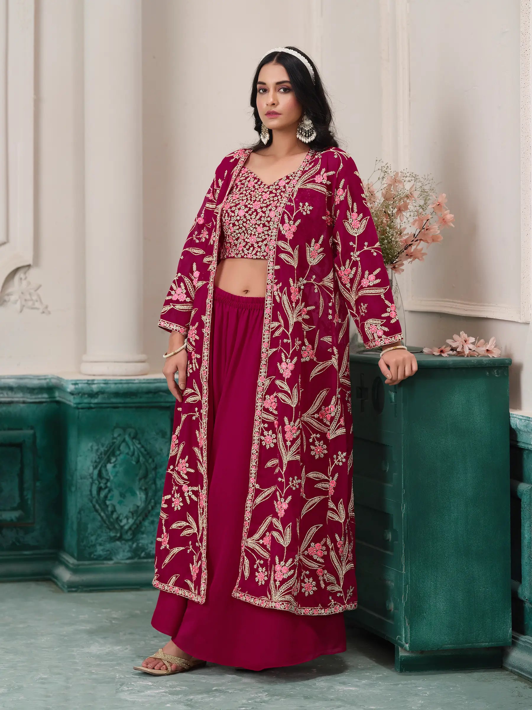 Pink Georgette Indo Western Set With Thread & Sequins Embroidery Work - qivii