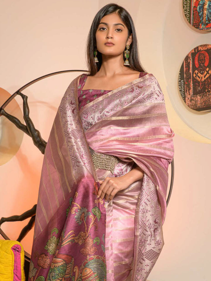 DARK PEACH COLOR LINEN LUCKNOWI WEAVING PRINT SAREE