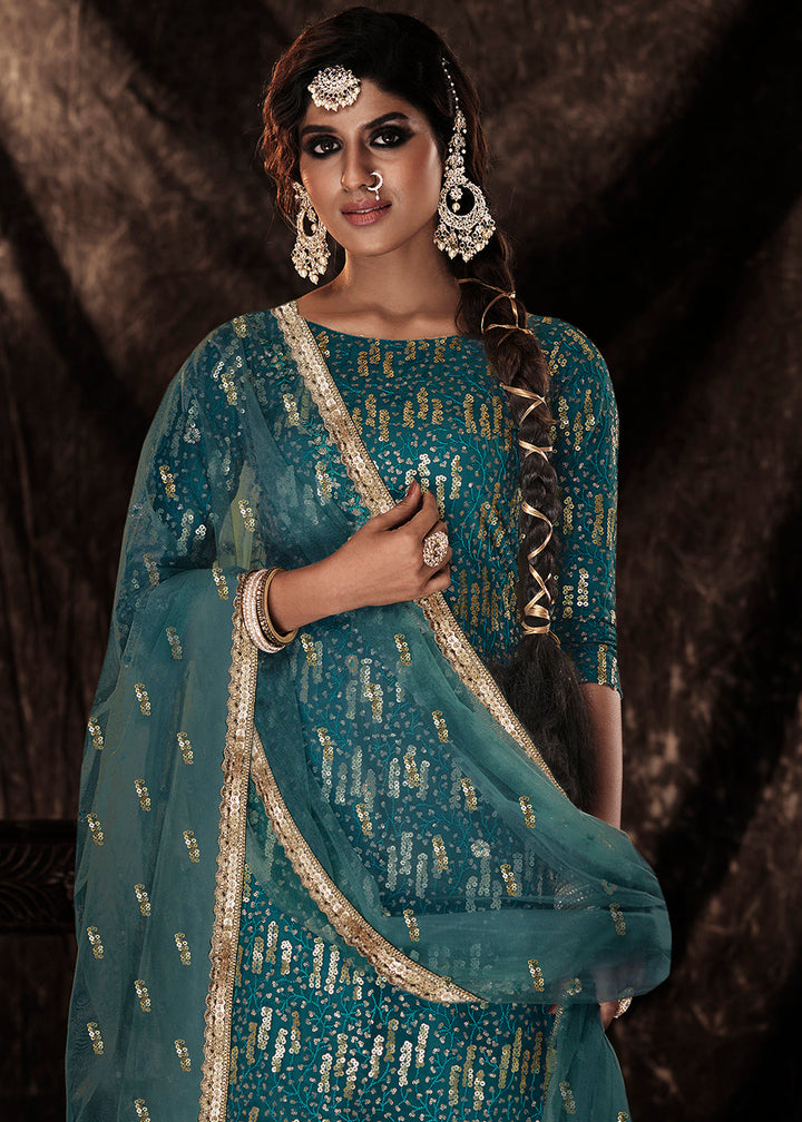 Dark Firozi Blue Designer Soft Net Sharara Suit with Sequin work By Qivii