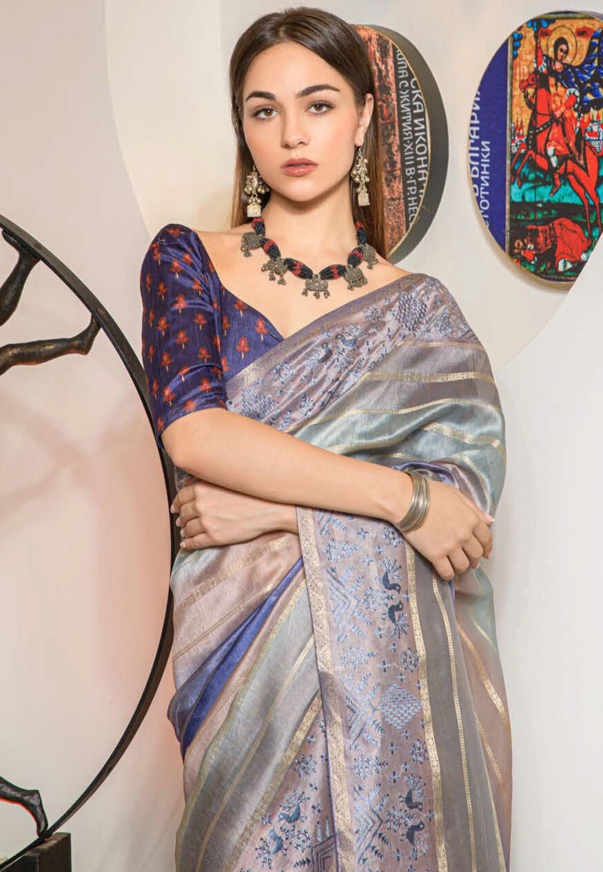 BLUE COLOR LINEN LUCKNOWI WEAVING PRINT SAREE