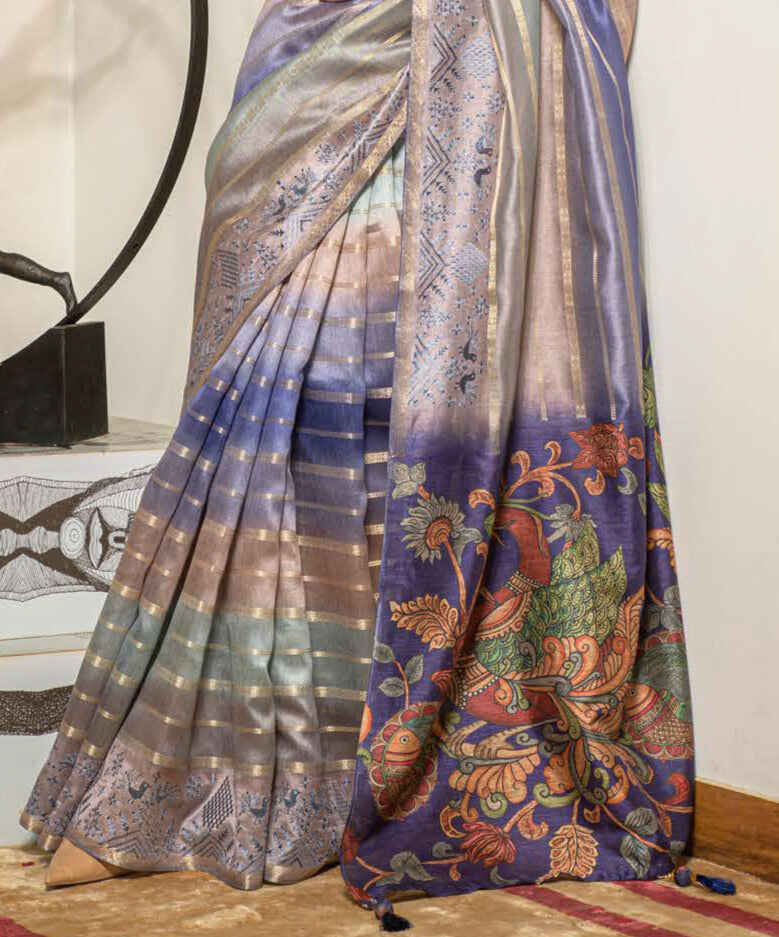 BLUE COLOR LINEN LUCKNOWI WEAVING PRINT SAREE