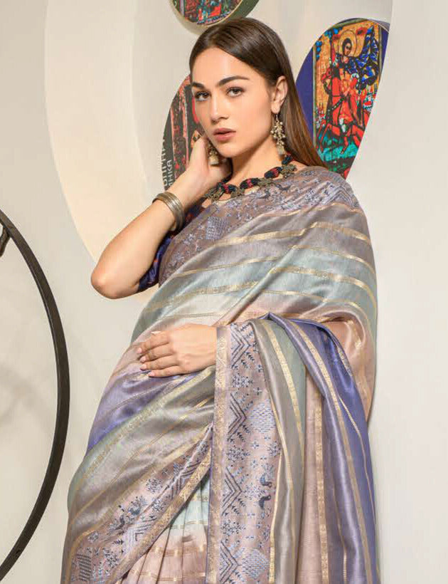 BLUE COLOR LINEN LUCKNOWI WEAVING PRINT SAREE