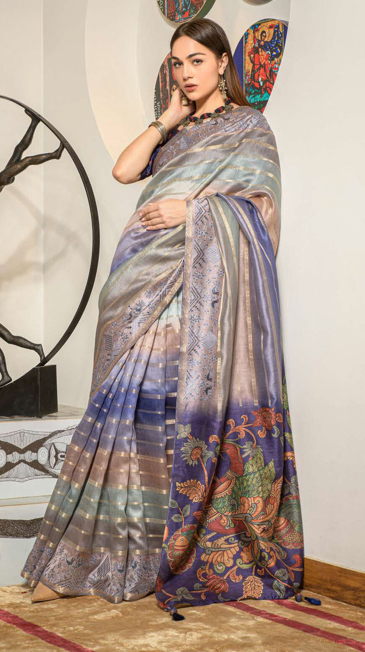 BLUE COLOR LINEN LUCKNOWI WEAVING PRINT SAREE