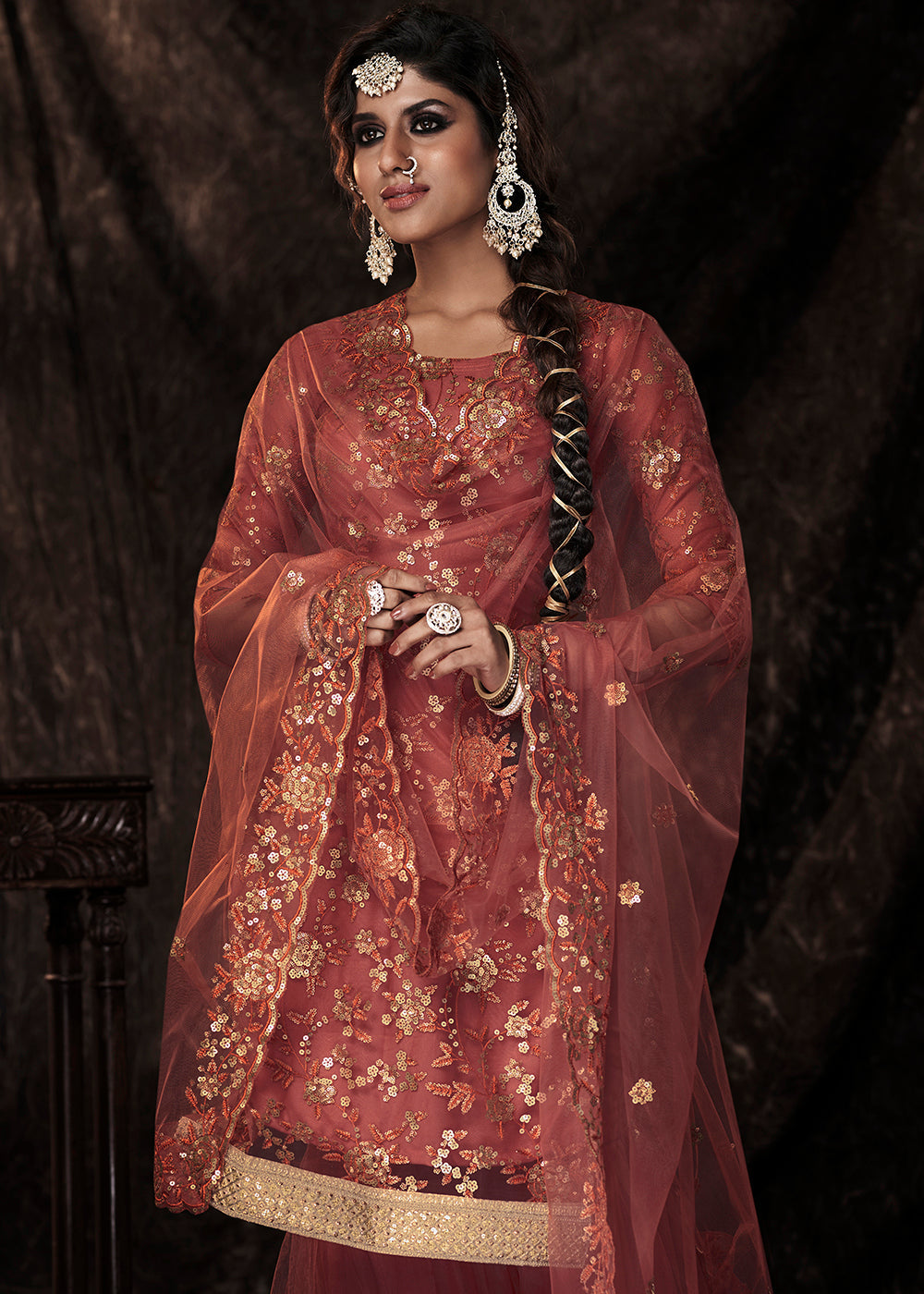 Chestnut Brown Designer Soft Net Sharara Suit with Sequin work By Qivii