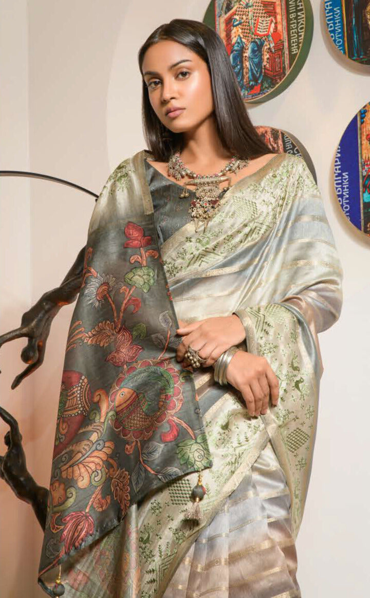 GREY COLOR LINEN LUCKNOWI WEAVING PRINT SAREE