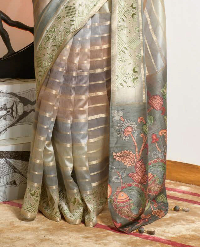 GREY COLOR LINEN LUCKNOWI WEAVING PRINT SAREE