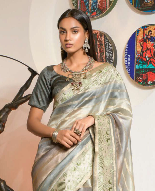 GREY COLOR LINEN LUCKNOWI WEAVING PRINT SAREE