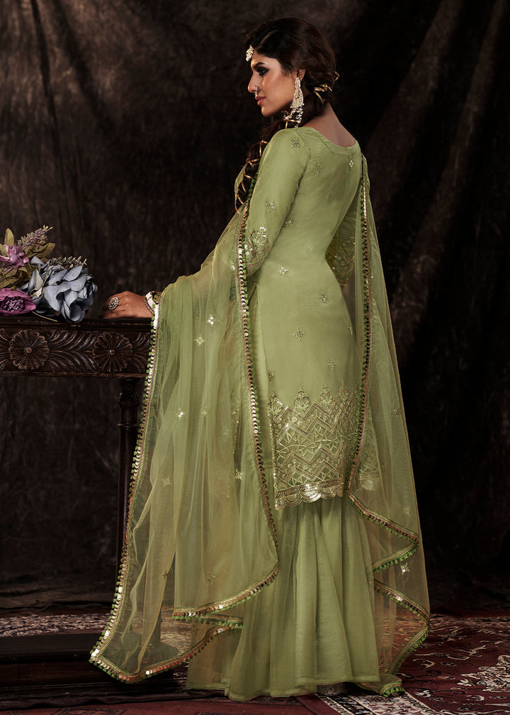 Pistachio Green Designer Soft Net Sharara Suit with Sequin work By Qivii