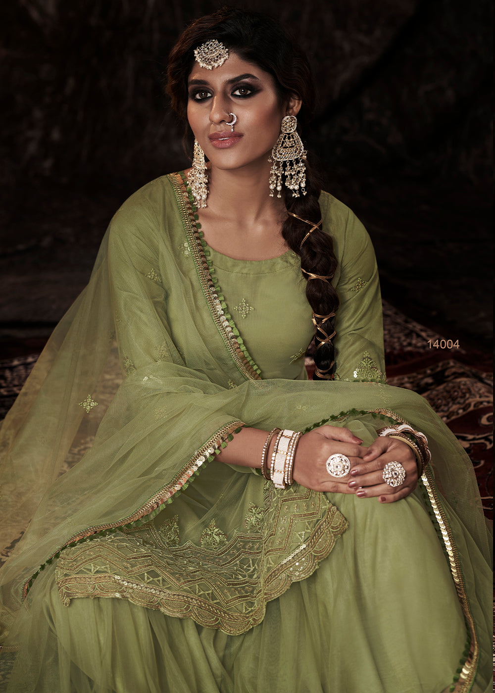 Pistachio Green Designer Soft Net Sharara Suit with Sequin work By Qivii