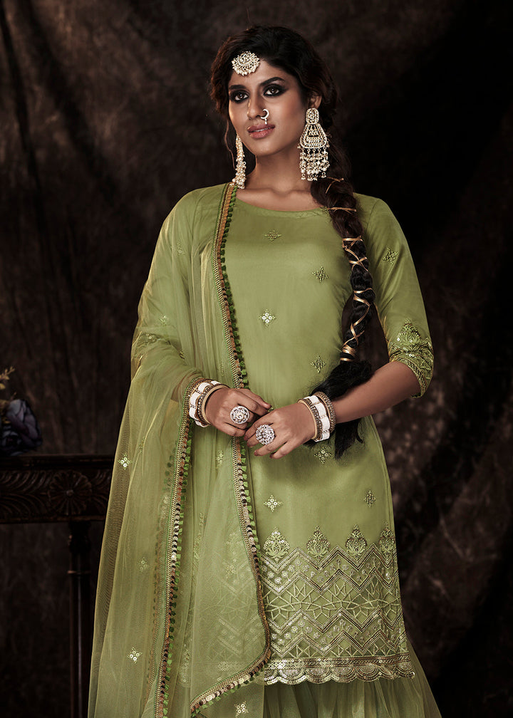 Pistachio Green Designer Soft Net Sharara Suit with Sequin work