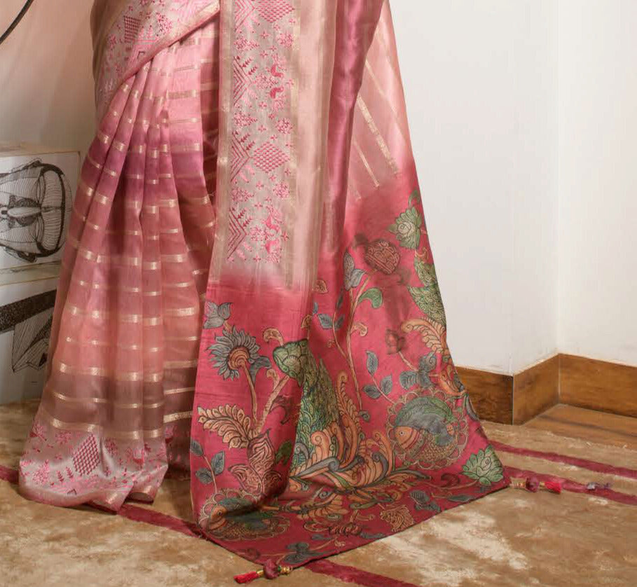 PEACH COLOR LINEN LUCKNOWI WEAVING PRINT SAREE