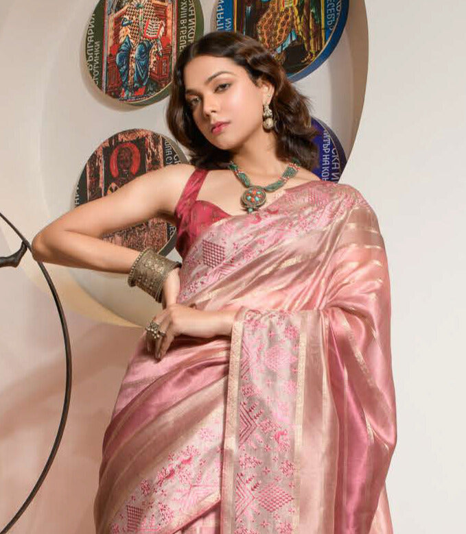 PEACH COLOR LINEN LUCKNOWI WEAVING PRINT SAREE