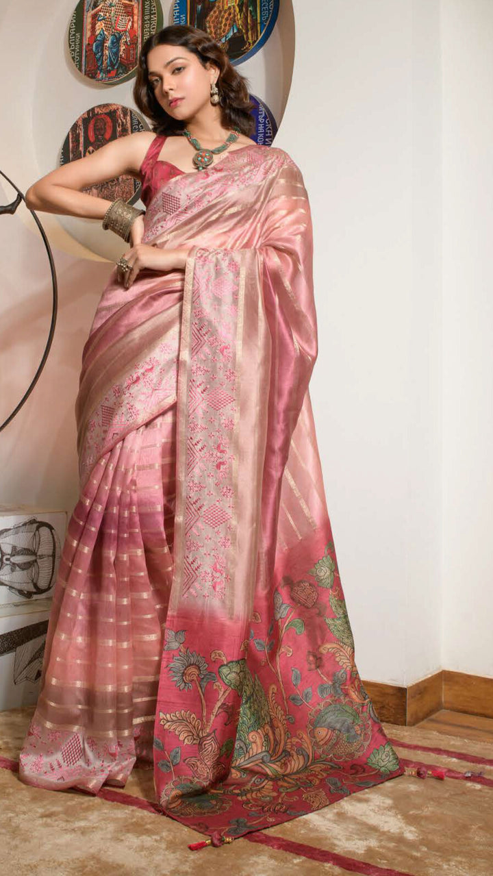 PEACH COLOR LINEN LUCKNOWI WEAVING PRINT SAREE