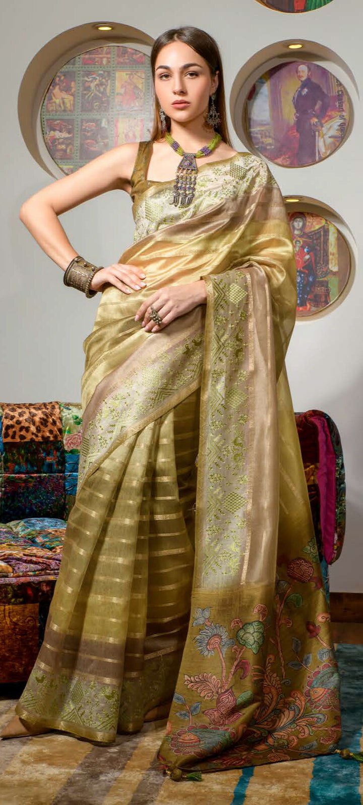 DARK BROWN COLOR LINEN LUCKNOWI WEAVING PRINT SAREE