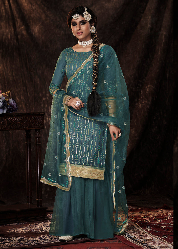 Cyprus Green Designer Soft Net Sharara Suit with Sequin work By Qivii