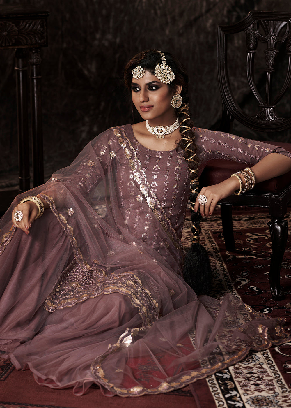 Plum Purple Designer Soft Net Sharara Suit with Sequin work By Qivii