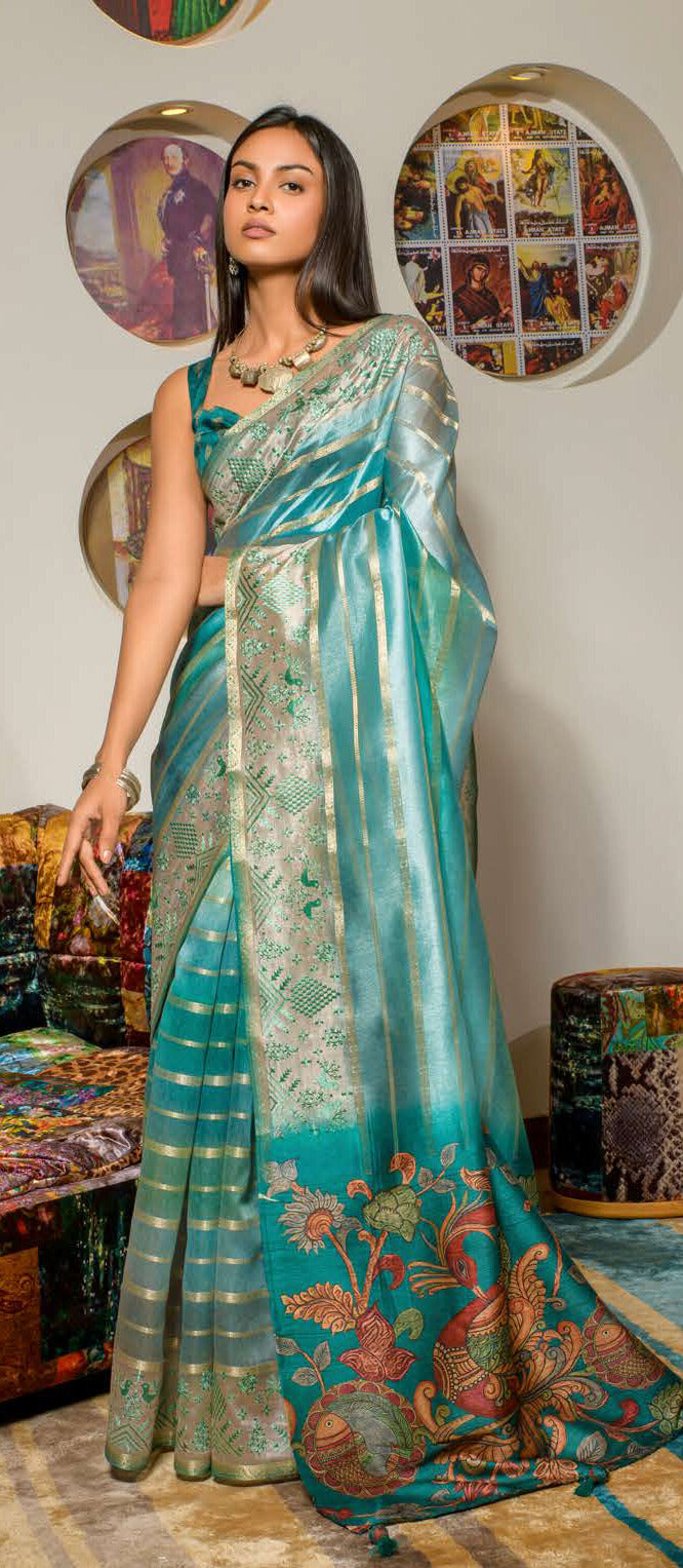 SKY BLUE COLOR LINEN LUCKNOWI WEAVING PRINT SAREE