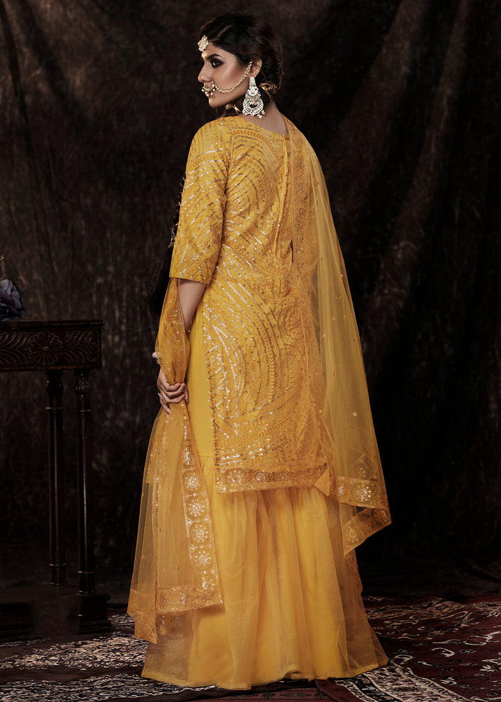 Golden Yellow Designer Soft Net Sharara Suit with Sequin work By Qivii