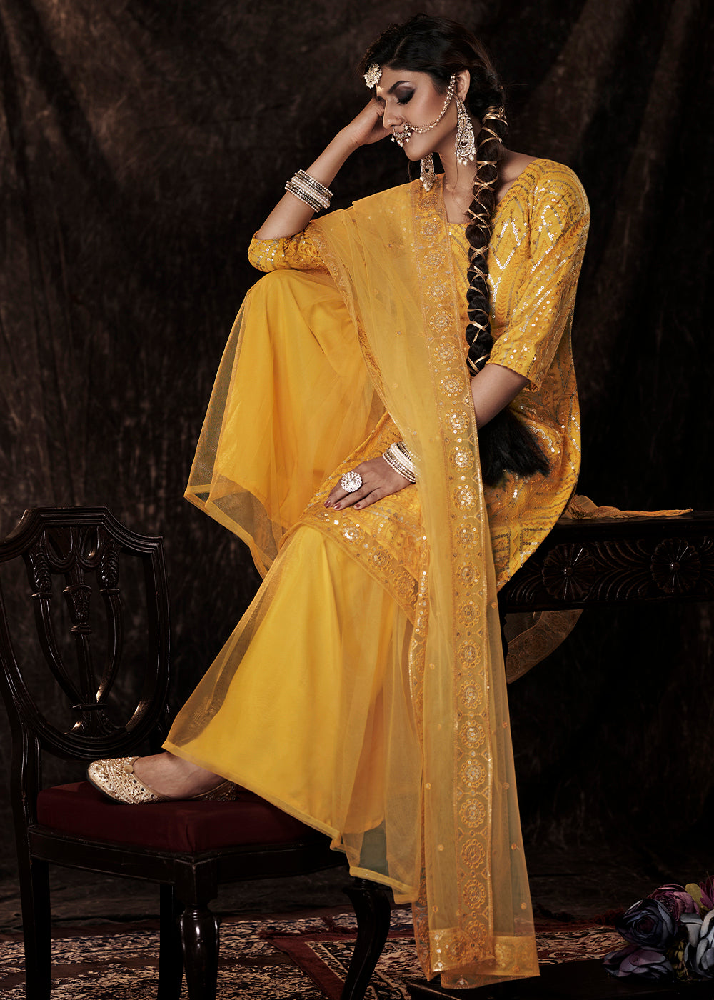 Golden Yellow Designer Soft Net Sharara Suit with Sequin work - qivii