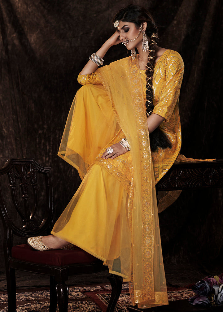 Golden Yellow Designer Soft Net Sharara Suit with Sequin work By Qivii