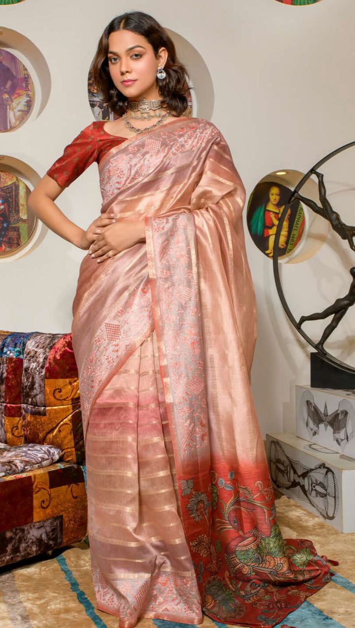 LIGHT PEACH COLOR LINEN LUCKNOWI WEAVING PRINT SAREE