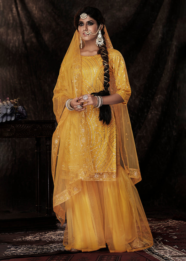 Golden Yellow Designer Soft Net Sharara Suit with Sequin work By Qivii