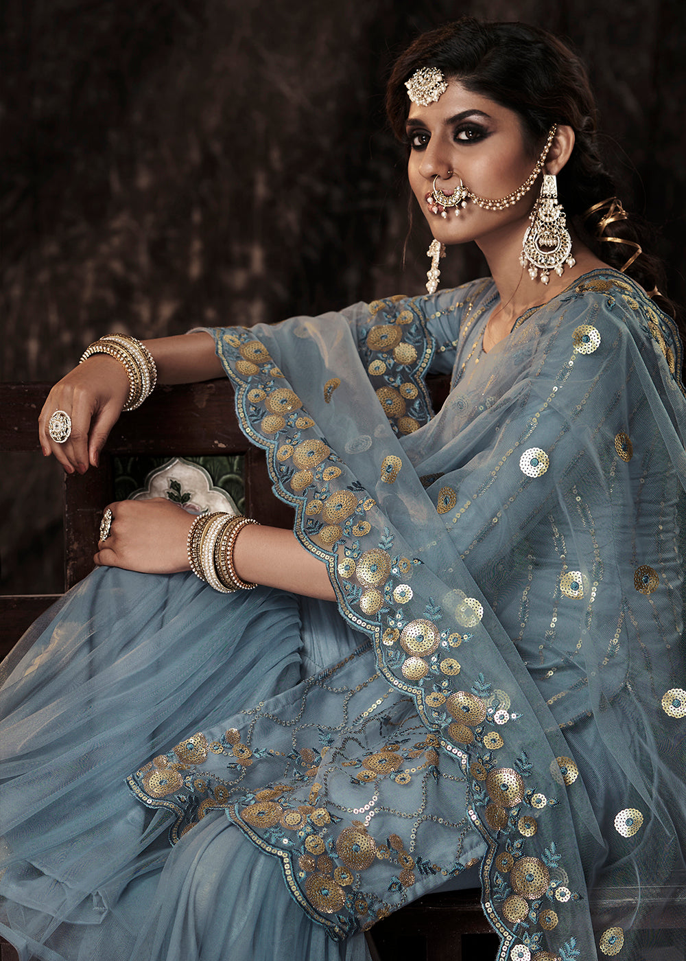 Slate Grey Designer Soft Net Sharara Suit with Sequin work - qivii