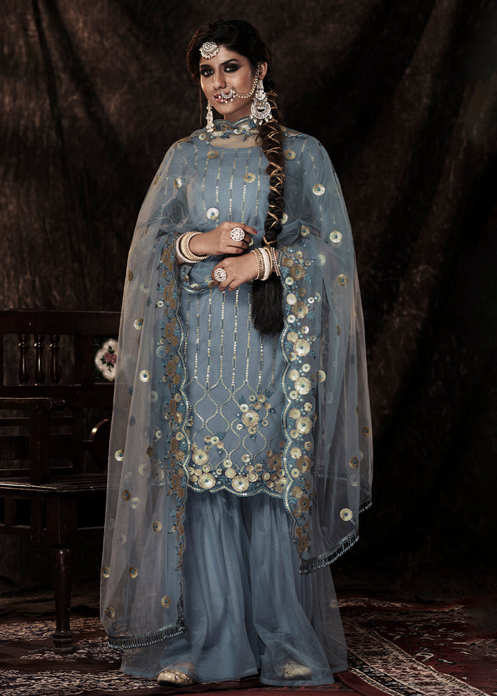 Slate grey designer soft net sharara suit with sequin work by Qivii