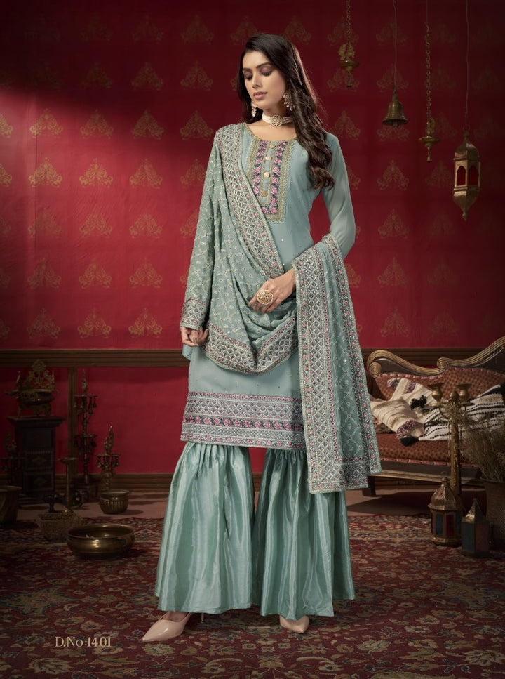 BLUE FAUX GEORGETTE WITH SLEEVES FABRIC ATTACHED SALWAR SUIT