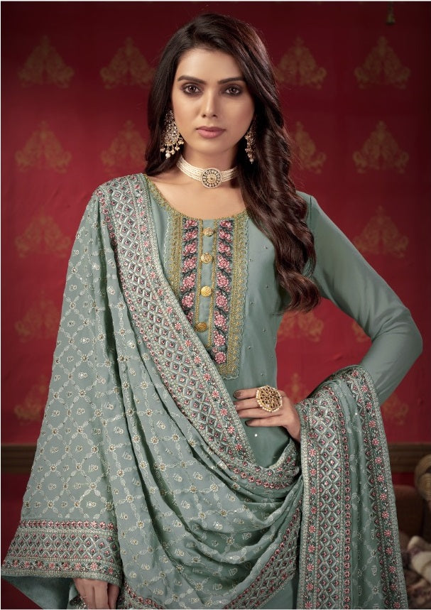 BLUE FAUX GEORGETTE WITH SLEEVES FABRIC ATTACHED SALWAR SUIT