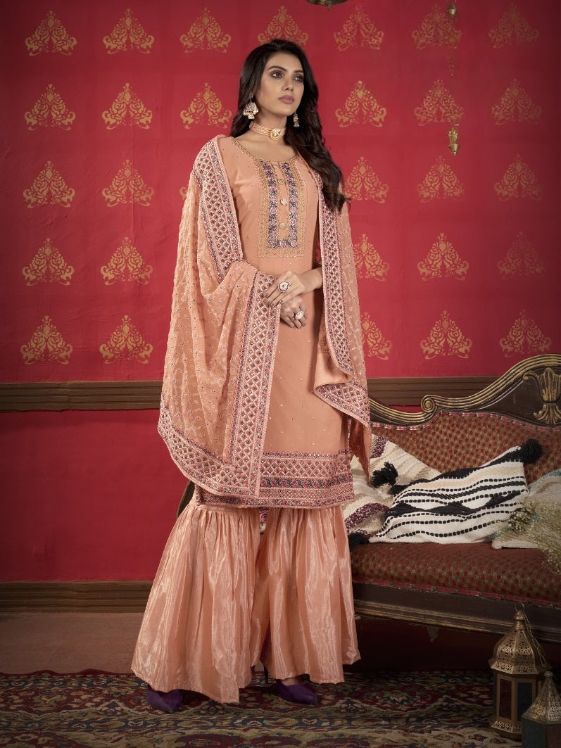 PEACH FAUX GEORGETTE WITH SLEEVES FABRIC ATTACHED SALWAR SUIT