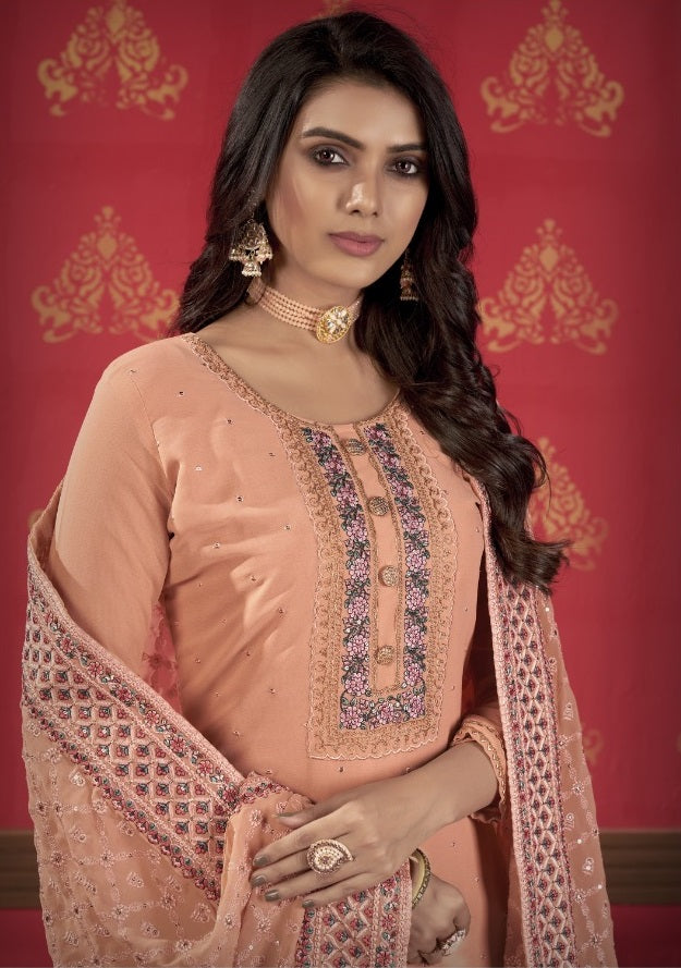 PEACH FAUX GEORGETTE WITH SLEEVES FABRIC ATTACHED SALWAR SUIT