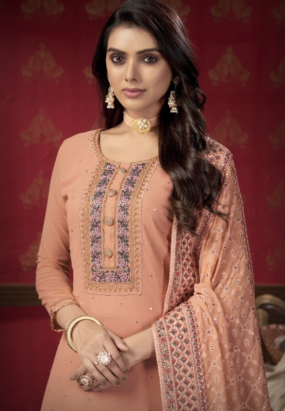 PEACH FAUX GEORGETTE WITH SLEEVES FABRIC ATTACHED SALWAR SUIT