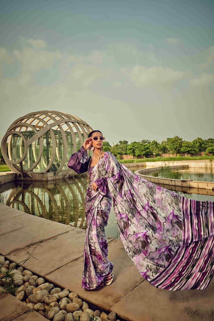 Purple Digital Printed Satin Silk Saree