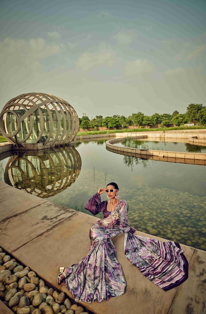 Purple Digital Printed Satin Silk Saree