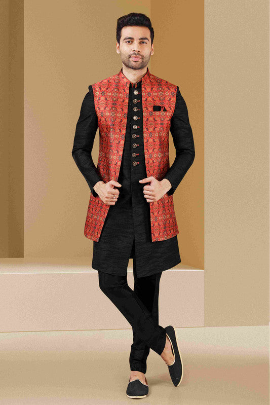 Men's Maroon Black Art Banarasi Digital Printed Indo Western Set