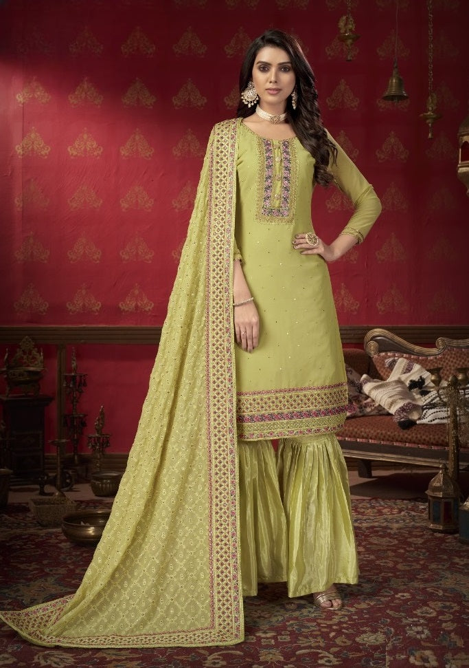 GREEN FAUX GEORGETTE WITH SLEEVES FABRIC ATTACHED SALWAR SUIT