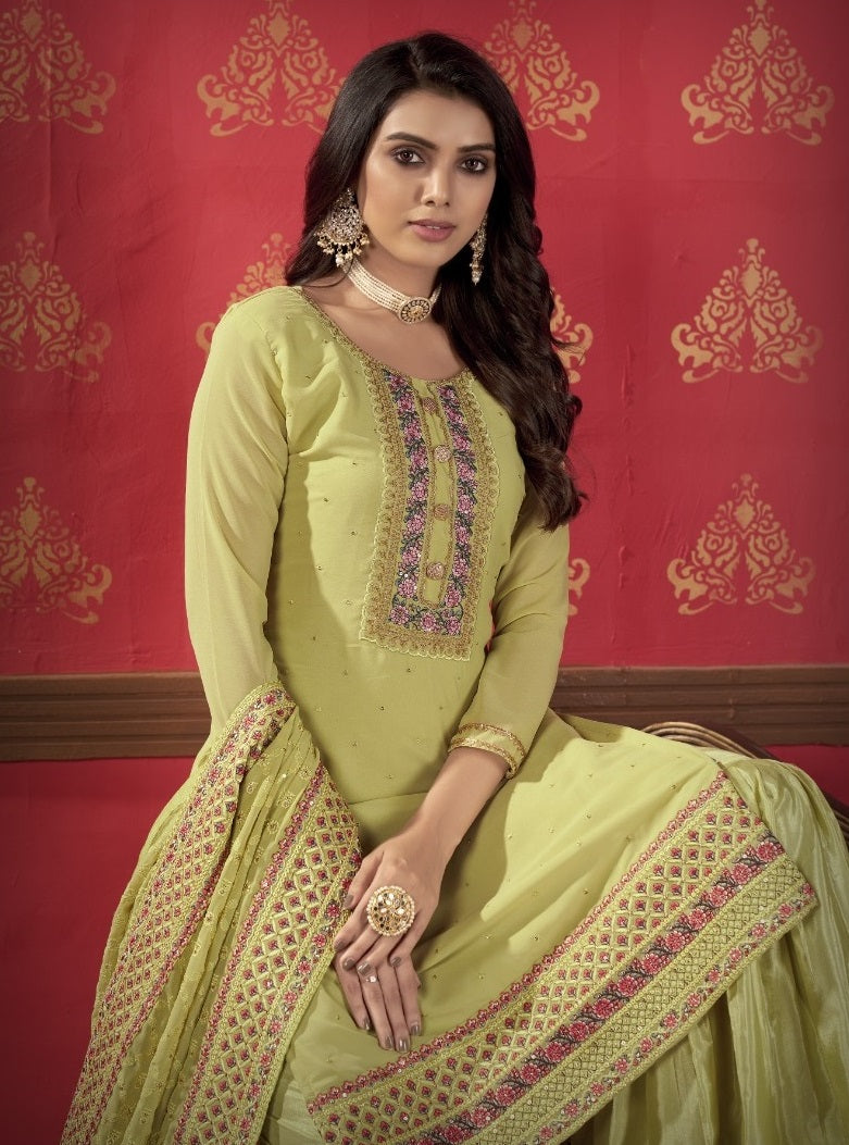 GREEN FAUX GEORGETTE WITH SLEEVES FABRIC ATTACHED SALWAR SUIT