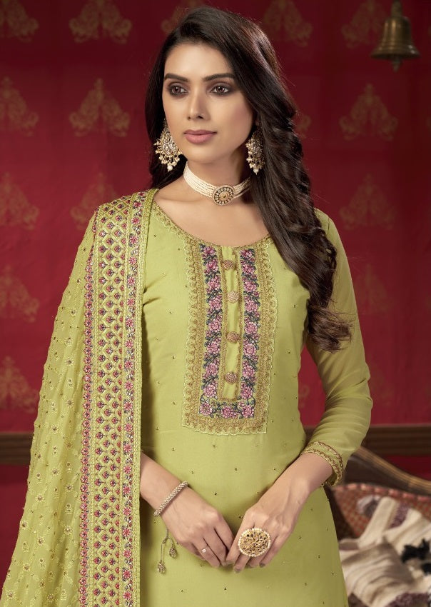 GREEN FAUX GEORGETTE WITH SLEEVES FABRIC ATTACHED SALWAR SUIT