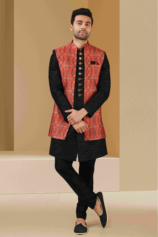 Men's Maroon Black Art Banarasi Digital Printed Indo Western Set