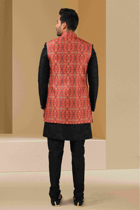 Men's Maroon Black Art Banarasi Digital Printed Indo Western Set