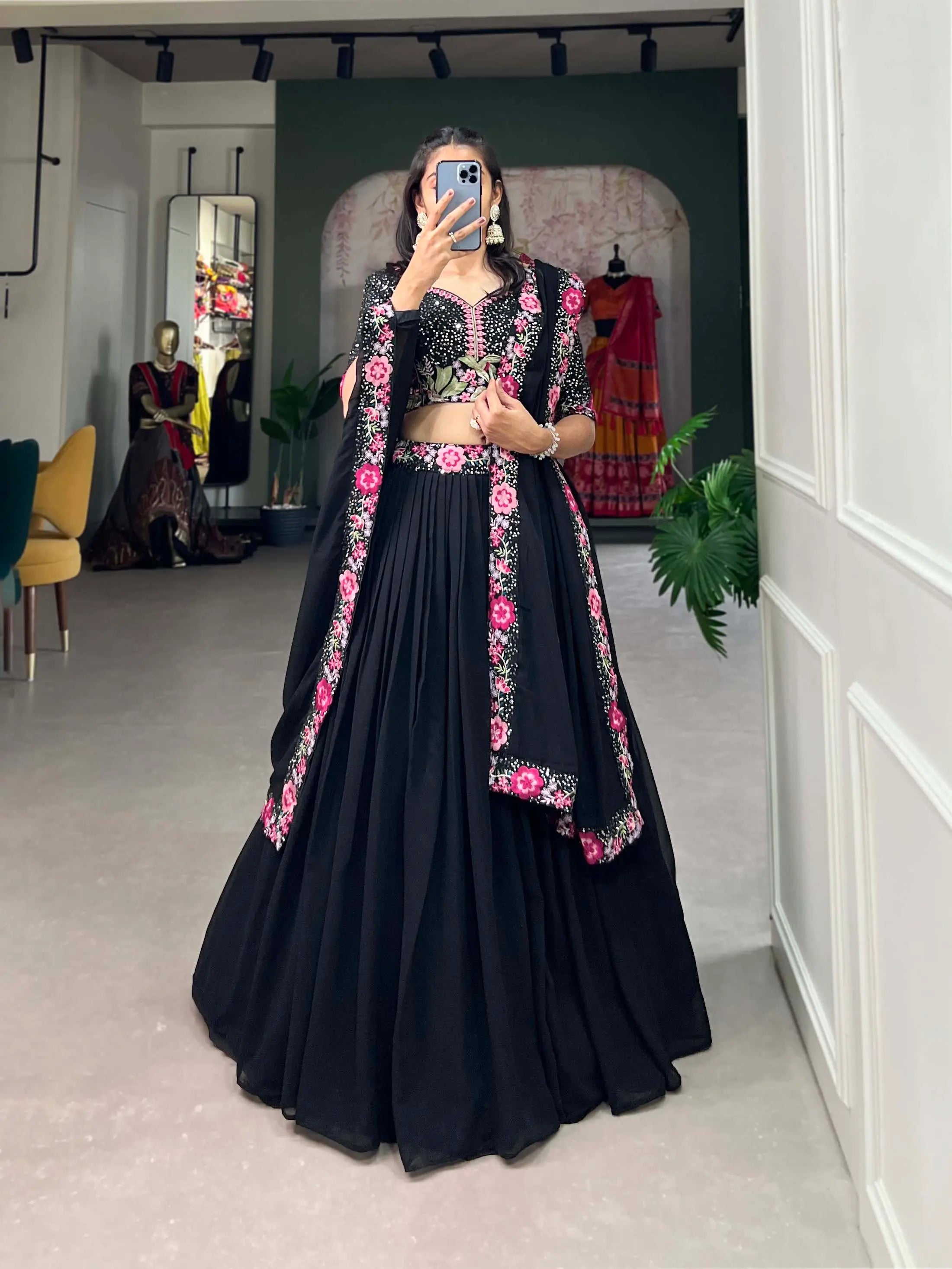 Black Georgette Sequence & Thread Embroidery Lehenga Choli | Ready To Wear - qivii