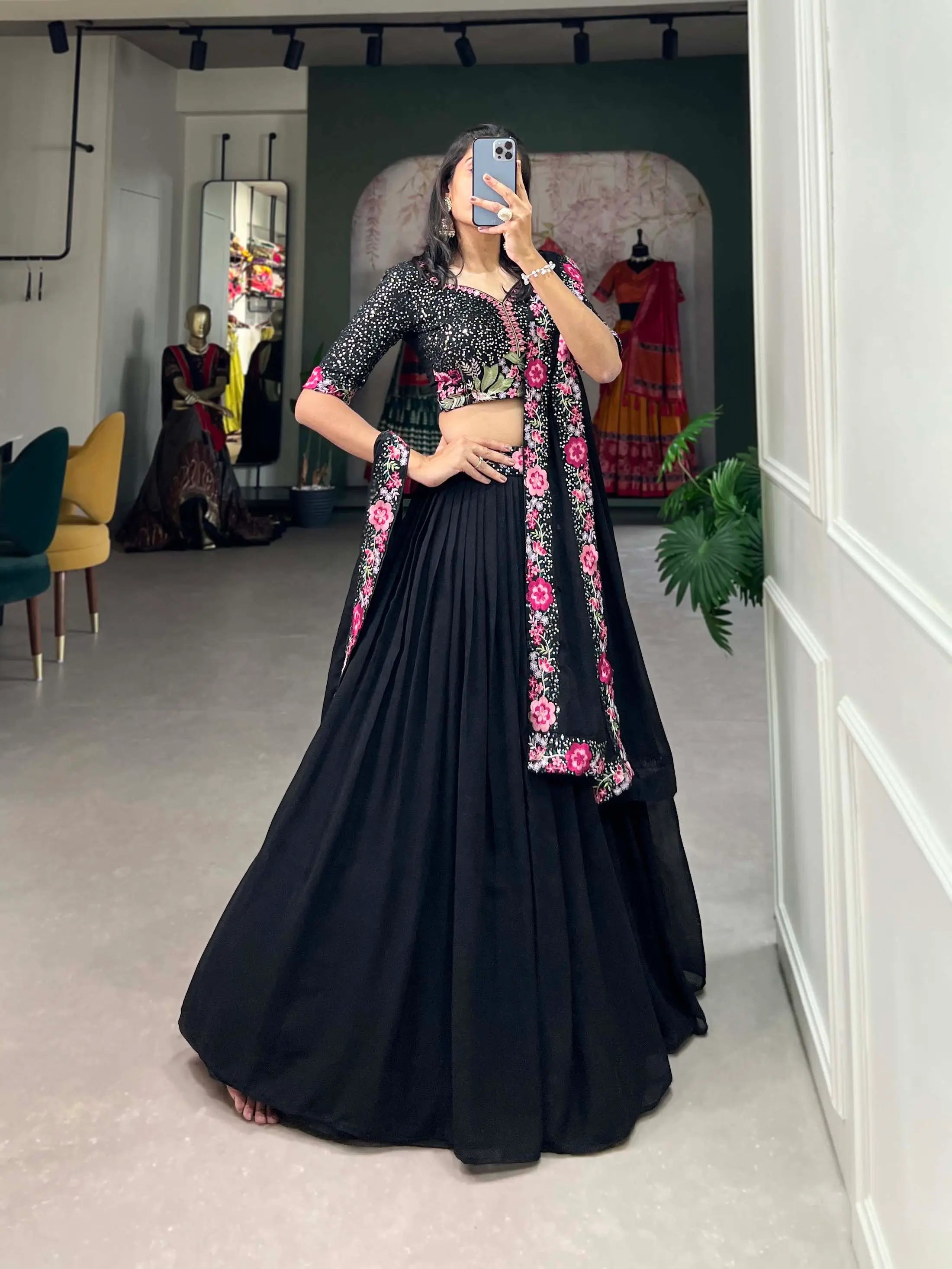 Black Georgette Sequence & Thread Embroidery Lehenga Choli | Ready To Wear - qivii