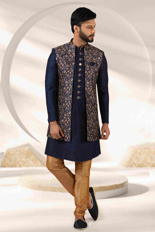 Men's Blue Art Banarasi Digital Printed Indo Western Set