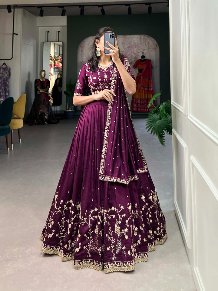 Wine Vichitra Silk  Sequins and Thread Embroidery Work With Lace Border