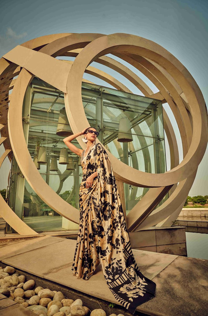 Cream Digital Printed Satin Silk Saree draped on a mannequin